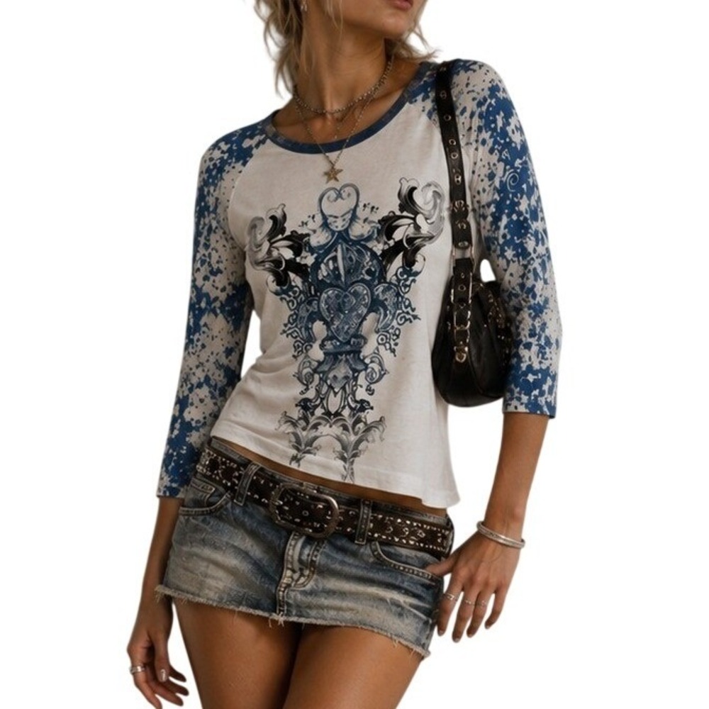 Vintage Y2K Rhinestone Graphic Tee Womens L White Blue Raglan Fairy Grunge Top